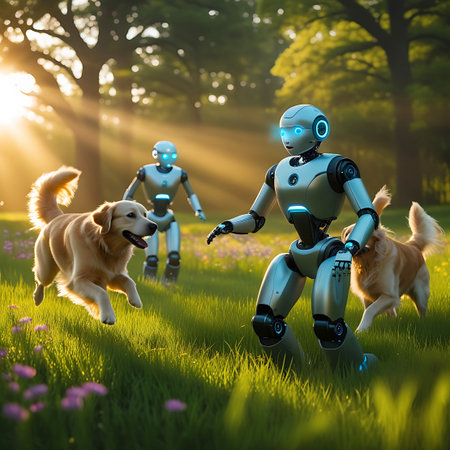 Two silver humanoid robots with blue glowing accents are playing with two golden retriever dogs in a lush green park. Sunbeams stream through the trees, creating a bright and cheerful atmosphere. One robot is in a crouched position, reaching out to a dog that is leaping towards it. Another robot is in the background, also interacting with a dog. The grass is vibrant green, and small purple flowers are scattered throughout.の素材