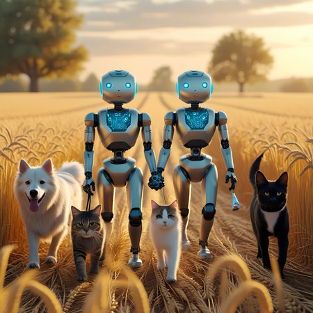 Two sleek, metallic humanoid robots with glowing blue eyes are walking hand-in-hand through a vast, golden wheat field at sunset. They are accompanied by a white dog, a tabby cat, and a black cat. The warm, soft light of the setting sun illuminates the scene, creating a sense of peaceful coexistence between technology, nature, and domestic animals.の素材