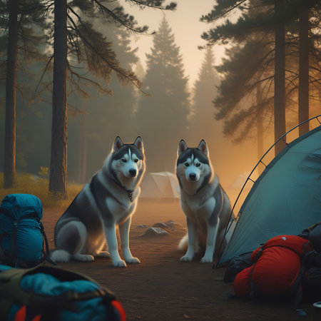 Two Siberian Huskies are seated in a forest campsite, surrounded by tents and camping gear. A gentle mist hangs in the air, and the warm glow of sunrise or sunset illuminates the scene from behind the trees. The dogs, with their characteristic grey and white fur and blue eyes, are looking towards the viewer. Backpacks and tents are scattered around, suggesting an outdoor adventure.の素材