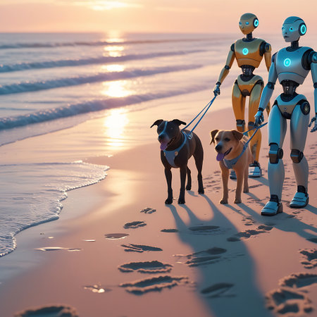Two humanoid robots are walking two dogs on leashes along a sandy beach during sunset. The ocean waves gently lap at the shore, and footprints are visible in the wet sand. The sky is illuminated with warm golden and pink hues, suggesting either sunrise or sunset. The robots have a sleek, metallic design with glowing blue and orange lights.の素材