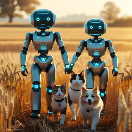 Two silver humanoid robots with blue glowing accents are walking hand-in-hand through a golden wheat field. A tabby cat and a fluffy dog are walking alongside them. The robots have their heads turned slightly towards the animals, suggesting interaction. The scene is bathed in the warm light of either sunrise or sunset, creating a serene and picturesque atmosphere.の素材