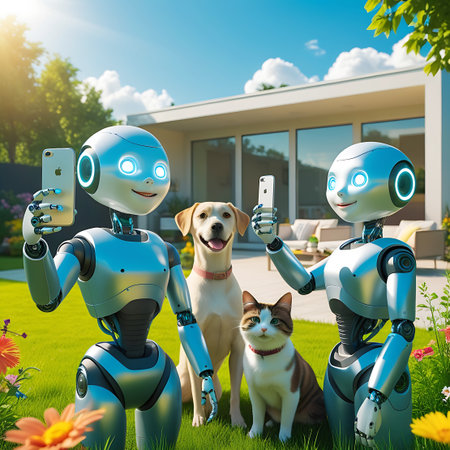 Two gleaming silver humanoid robots, each holding a smartphone, are taking a selfie in a sunlit garden. They are positioned alongside a golden Labrador dog and a tabby and white cat. The robots have distinctive blue glowing eyes and a friendly appearance. Behind them, a modern house with outdoor seating is visible. The foreground is filled with green grass and colorful wildflowers, creating a harmonious blend of advanced technology, domestic pets, and a pleasant outdoor setting.の素材
