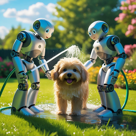 In a sunlit backyard, two humanoid robots are giving a bath to a happy, wet, light brown dog. One robot is holding a green garden hose, spraying water onto the dog, while the other robot is also involved in the washing process. The dog stands in a shallow pool of water on a well-maintained green lawn, surrounded by colorful flowers and trees. The sky is blue with white clouds, indicating a bright, clear day.の素材