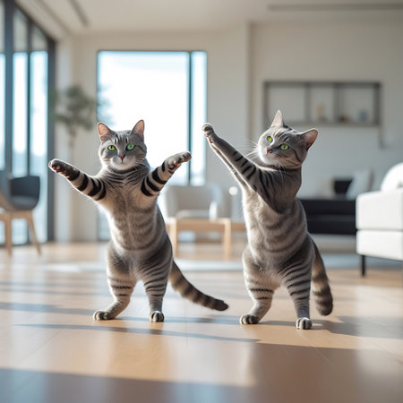 Two grey tabby cats with bright green eyes are captured in dynamic poses, appearing to dance in a sunlit room. They are standing on their hind legs with their front paws extended, conveying a sense of movement and playfulness. The background is a bright, modern interior with large windows and wooden flooring, bathed in warm sunlight.の素材