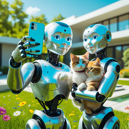 Two advanced robots with expressive blue eyes are posing for a selfie, each holding a cat. The robot on the left is holding a ginger and white cat, while the robot on the right cradles an orange tabby kitten. They are in an outdoor setting with green grass and flowers, under a bright blue sky. The robots are silver and have a sleek, humanoid design.の素材