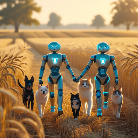 Two metallic humanoid robots with glowing blue eyes are walking side-by-side through a dense, golden wheat field. They are accompanied by a diverse group of pets, including a black and tan dog, a white dog, a black and white cat, a fluffy white cat, and a tabby cat. The warm light of the setting sun casts long shadows, creating a picturesque scene of technology and animals in a rural landscape.の素材