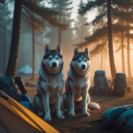 Two Siberian Huskies are seated in a forest campsite, surrounded by camping gear including backpacks, tents, and sleeping bags. The scene is enveloped in a soft, misty fog, with sunlight filtering through the trees, creating a warm, golden glow. The dogs are looking forward, appearing alert and calm in their natural outdoor environment.の素材