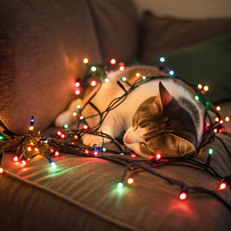 Couch showing cat sleeping wrapped in colorful christmas lights on couch. High resolution image suitable for commercial use. Clear details and vibrant colors enhance visual appeal.の素材