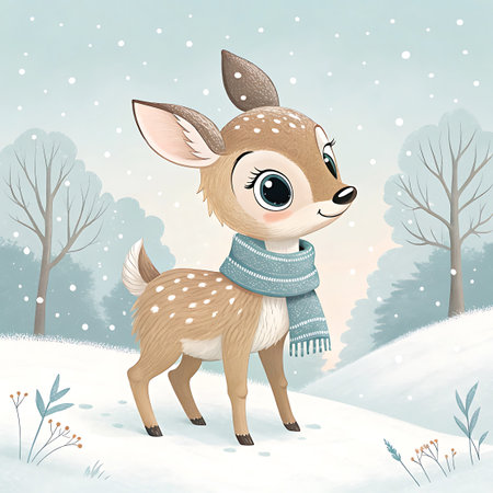 An enchanting illustration features a cute, cartoon fawn standing in a snowy winter forest. The fawn has large, expressive eyes, brown fur with white spots, and wears a cozy blue scarf. Bare trees and falling snowflakes create a whimsical atmosphere, evoking a sense of holiday cheer and the magic of winter.の素材