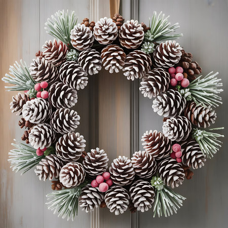 A full and richly decorated Christmas wreath is presented against a light grey wooden door. The wreath features a generous arrangement of pinecones, green fir branches with frosted tips, and small red berries. The natural elements are tightly woven to create a circular, festive decoration, embodying the spirit of the holiday season.の素材