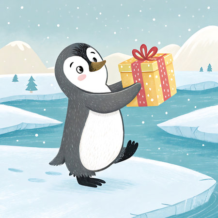 A charming cartoon penguin is captured mid-stride on a snowy ice floe, carrying a festive gift box. The penguin has a happy expression and its body is angled as if walking forward. The background shows a winter scene with icy water, snow-covered landforms, and evergreen trees, all under a gentle snowfall.の素材