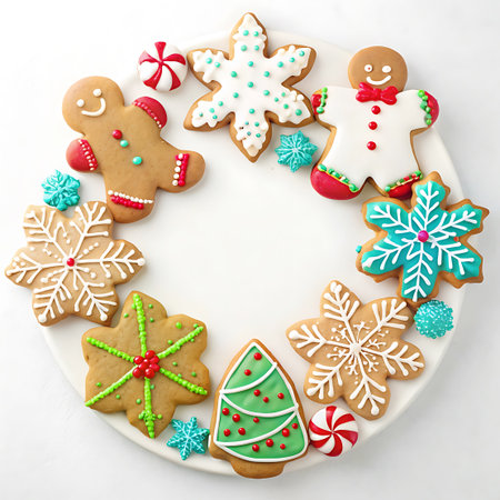A circular arrangement of various Christmas cookies is presented on a white plate. The cookies include decorated gingerbread men, snowflake shapes with intricate icing designs, candy cane swirls, and small round candies. The color palette consists of traditional Christmas colors like red, green, white, and blue, with some cookies featuring sparkling sugar accents. The cookies are meticulously decorated, showcasing a variety of icing techniques and festive patterns.の素材