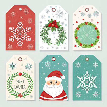 A collection of six Christmas gift tags with various designs including Santa Claus, snowflakes, wreaths, and holly berries. The tags are in red, white, teal, and cream colors, suitable for holiday gift wrapping.の素材