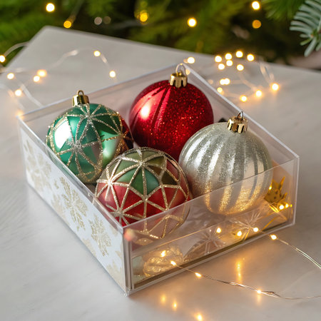 With showing box of assorted christmas baubles and fairy lights. High resolution image suitable for commercial use. Clear details and vibrant colors enhance visual appeal.の素材