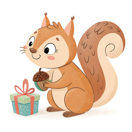 With showing cartoon squirrel holding acorn next to a gift box with red ribbon keywords: squirrel, cartoon, illustration, animal, cute, acorn, gift, present, box, ribbon, red ribbon, bow, green box, teal box, white background, drawing, character, wildlife, nature, forest, autumn, fall, holiday, celebration, gift giving, surprise, happy, cheerful, friendly, playful, small animal, rodent, bushy tail, big eyes, whimsical, children's illustration, graphic, design, isolated, simple, sweet,...の素材