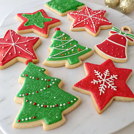 A white platter displays an assortment of Christmas-themed cookies. The cookies are shaped like stars, Christmas trees, and a bell. They are decorated with red and green icing, along with white icing for details and patterns. Some cookies are sprinkled with glitter or sugar, adding a festive sparkle. Small gold ornaments are placed around the cookies, reinforcing the holiday theme. The cookies are arranged in a visually appealing manner, showcasing various designs and colors.の素材