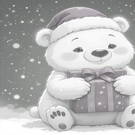 This grayscale illustration depicts an endearing cartoon polar bear dressed in a Santa hat, seated in a snowy environment. The bear is holding a gift box with a ribbon and bow. The background is filled with soft, falling snowflakes and subtle stars, contributing to a delightful and festive holiday atmosphere. The artwork has a gentle, appealing quality.の素材