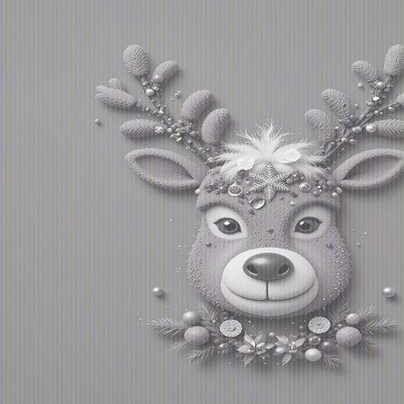 An adorable, stylized cartoon reindeer face is presented against a plain gray background. The reindeer has large, expressive eyes, a prominent rounded nose, and soft, fluffy ears. Its antlers are adorned with sprigs and small ornaments, and a festive wreath with flowers and baubles encircles its neck. The overall aesthetic is charming and whimsical, perfect for holiday themes.の素材