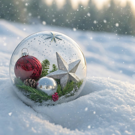 A clear glass sphere containing Christmas ornaments, including a red bauble, a silver bauble, pine cones, and evergreen sprigs, is nestled in a blanket of snow. A silver star is visible inside. The background shows a blurred winter forest with falling snowflakes.の素材