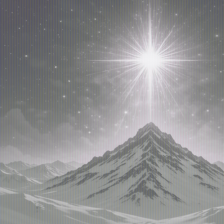 Space showing bright star shines above snow-covered mountain range under starry sky keywords: star, bright, shining, light, celestial, sky, night, stars, starry, cosmos, galaxy, mountain, mountains, snow, snowy, winter, landscape, peak, summit, range, majestic, dramatic, ethereal, divine, spiritual, religious, christmas, nativity, guiding star, astronomy, space, vast, serene, peaceful, awe, wonder, bright light, radiant, glowing, monochrome, grey, atmospheric, distant, horizon description: a...の素材