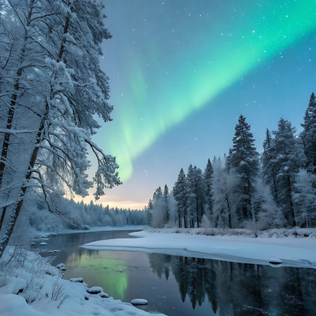 A breathtaking winter landscape featuring a serene river flowing through a snow-covered forest under a vibrant aurora borealis. The northern lights paint the night sky with streaks of green and blue, reflecting in the calm water. Snow-laden pine trees line the banks, creating a magical and peaceful atmosphere.の素材