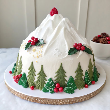 With showing christmas mountain cake with trees and berries on a white stand. High resolution image suitable for commercial use. Clear details and vibrant colors enhance visual appeal.の素材
