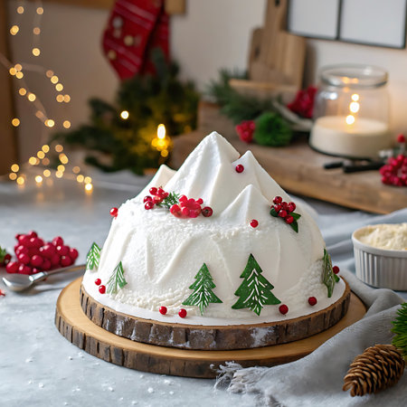With showing christmas mountain cake decorated with trees and berries. High resolution image suitable for commercial use. Clear details and vibrant colors enhance visual appeal.の素材