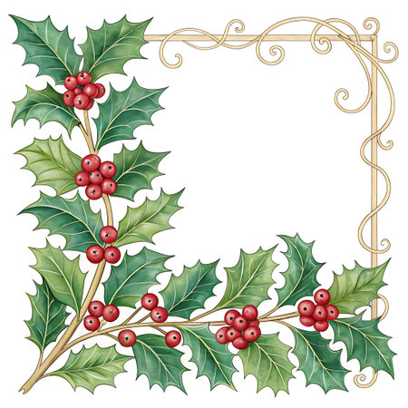 With showing corner border of holly leaves and red berries with decorative gold swirls keywords: holly, leaves, berries, red berries, christmas, holiday, corner, border, decorative, gold, swirls, ornate, elegant, festive, winter, green, nature, plant, foliage, seasonal, traditional, evergreen, natural, botanical, floral, design element, greeting card, invitation, background, isolated, white background, pattern, art nouveau, vintage, classic, festive decoration, holiday border, christmas...の素材