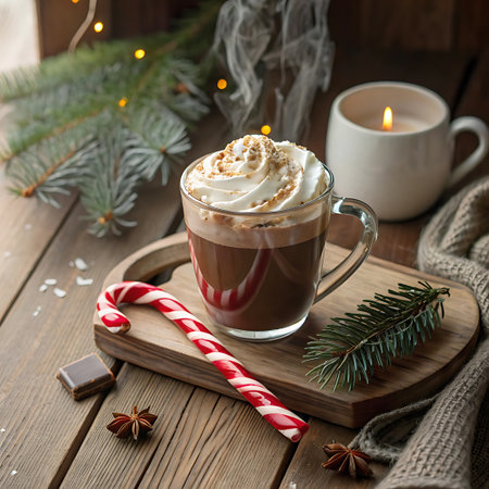 A close-up of a steaming mug of hot chocolate topped with whipped cream and a sprinkle of crumbs, set on a rustic wooden table. A red and white striped candy cane rests beside the mug, along with a piece of dark chocolate and star anise. A lit candle and a sprig of pine add to the cozy, festive winter ambiance.の素材