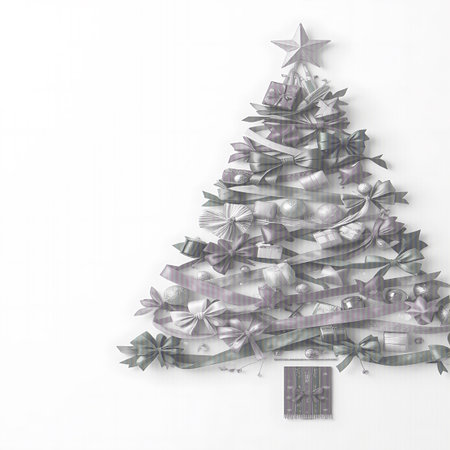 Photo showing christmas tree silhouette formed by grey ribbons and festive ornaments on white keywords: christmas tree, tree silhouette, ribbons, grey, silver, purple, bows, gift boxes, presents, ornaments, baubles, spheres, decoration, festive, holiday, christmas, winter, wall art, handmade, craft, design, flat lay, minimalist, abstract, seasonal, celebration, greeting, white background, isolated, creative, unique, modern, elegant, stylish, arrangement, display, studio shot, top view, no...の素材