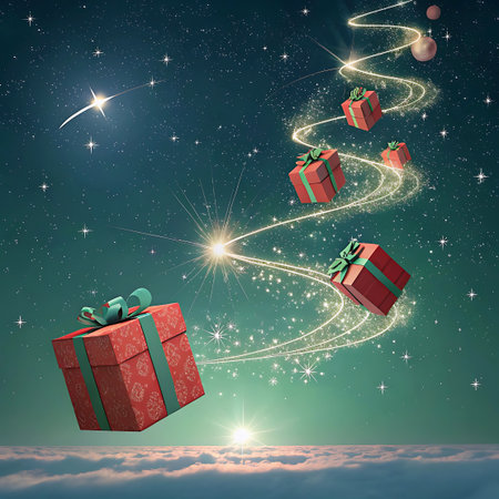 With showing christmas gifts floating in starry night sky above clouds. High resolution image suitable for commercial use. Clear details and vibrant colors enhance visual appeal.の素材
