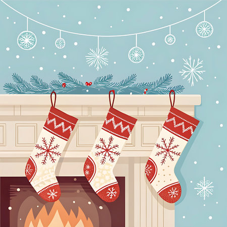 A festive Christmas scene depicts a fireplace with a mantelpiece adorned with a pine garland and red berries. Three patterned Christmas stockings hang from the mantelpiece, each decorated with snowflakes. Snowflakes are falling in the background, and a warm fire glows within the fireplace.の素材