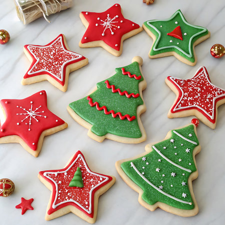 A collection of star and Christmas tree shaped cookies is arranged on a light-colored surface. The cookies are decorated with vibrant red and green icing, with white icing used for intricate patterns and details. Some cookies feature sparkling glitter or sugar, resembling snow or festive embellishments. Small gold ornaments are scattered around the cookies, enhancing the holiday theme. The shapes and decorations clearly indicate a Christmas theme.の素材