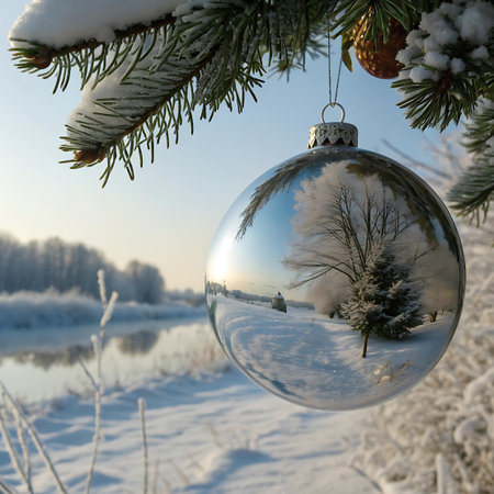 A detailed view of a Christmas bauble hanging from a pine branch, capturing a clear reflection of a tranquil winter scene. The reflection shows a snow-covered landscape with a frozen river and frosted trees under a clear blue sky.の素材