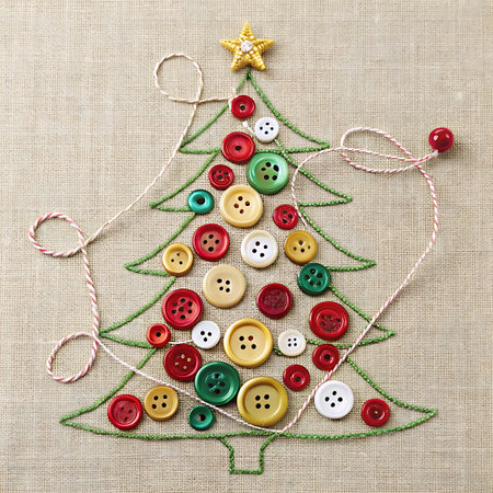 A Christmas tree shape is outlined with green thread on a textured linen fabric. The tree is decorated with an assortment of colorful buttons in red, green, yellow, white, and teal. A star-shaped button sits at the top. Red and white twine is artfully arranged around the tree.の素材