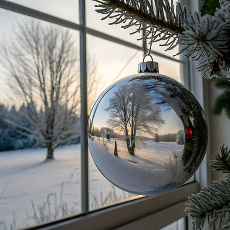 A close-up of a shiny Christmas ornament hanging from a frosted pine branch, its surface reflecting a serene winter landscape seen through a window. Bare, frosted trees and snow-covered ground are visible in the reflection, with soft sunlight illuminating the scene.の素材