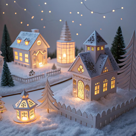 A charming miniature Christmas village scene is depicted with snow-covered houses and trees. The houses are illuminated from within, casting a warm, inviting glow. String lights with bokeh effects twinkle in the background, and a picket fence encloses some of the properties. The overall atmosphere is magical and festive.の素材
