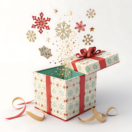 An open Christmas gift box with a red ribbon and bow is shown against a white background. Red, gold, and blue snowflakes and stars are exploding and scattering out of the box, creating a festive and magical scene. The box itself is decorated with a snowflake pattern and red ribbon accents.の素材