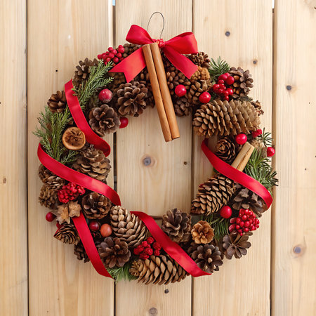 A vibrant Christmas wreath composed of evergreen branches, pinecones, and clusters of red berries. A bright red ribbon is artfully draped throughout the wreath, tied into a bow at the top. Two cinnamon sticks are prominently placed near the top center. The wreath is hung against a warm, light-brown wooden plank background, creating a classic and festive holiday display.の素材