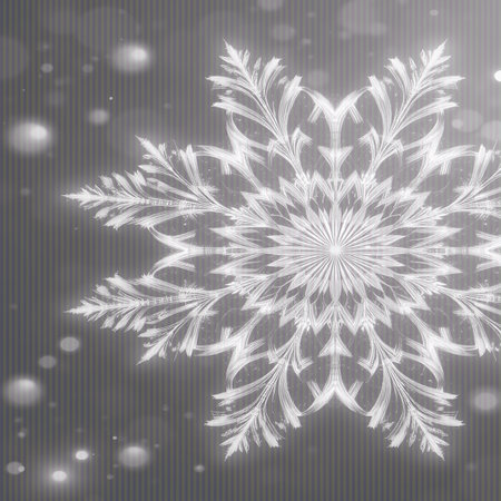 This image features a striking white snowflake with a luminous glow against a muted gray backdrop. The snowflake exhibits a complex, symmetrical design with branching patterns. Soft, out-of-focus circles of light (bokeh) and scattered white particles suggest a gentle snowfall, enhancing the wintery and magical feel.の素材