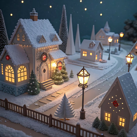 A detailed miniature Christmas village is presented at night, covered in snow. Houses with illuminated windows and decorative lights are arranged along a snowy path. A classic streetlight illuminates the scene, adding to the warm and festive atmosphere. Pine trees and fences complete the charming winter landscape.の素材