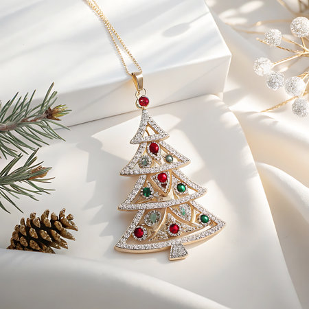 A luxurious gold pendant necklace shaped like a stylized Christmas tree. The tree is encrusted with brilliant white diamonds and accented with small red and green gemstones, resembling festive baubles. The pendant hangs from a delicate gold chain. The background features soft, flowing white fabric and a hint of a pine branch and a pinecone, creating a sophisticated holiday ambiance.の素材