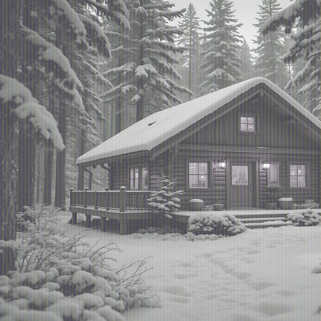 This image presents a detailed view of a rustic log cabin situated in a dense, snow-covered forest. The cabin features a wooden porch, multiple windows with warm light visible inside, and a prominent entrance door. The surrounding pine trees are heavily dusted with snow, and the ground is completely covered in a thick layer of white. The atmosphere is one of quiet solitude and winter serenity.の素材