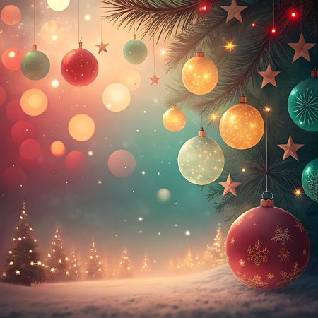 An enchanting Christmas scene featuring a snow-covered landscape with illuminated trees, decorated pine branches with red, green, and gold ornaments, and a soft, glowing bokeh background. The image captures the magic and warmth of the holiday season.の素材