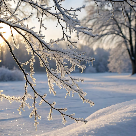 Delicate tree branches are heavily coated in sparkling frost, catching the golden light of a rising sun. The background shows a soft, hazy winter landscape with snow-covered ground and trees, creating a serene and cold atmosphere. The sun's rays create a gentle glow, highlighting the intricate frost patterns on the branches.の素材