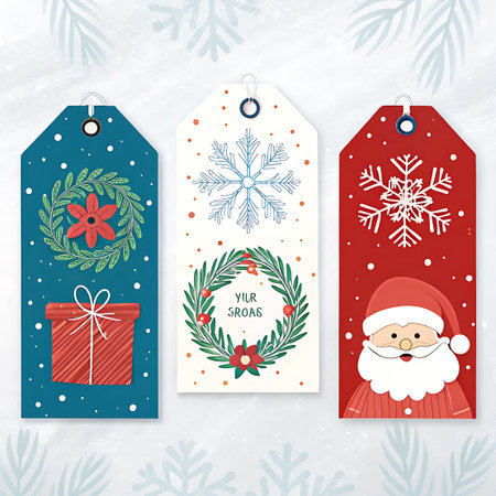 Three decorative Christmas gift tags are displayed against a snowy background. The leftmost tag is blue with a green wreath and a red gift box. The middle tag is white with a blue snowflake and a green wreath. The rightmost tag is red and features a cartoon image of Santa Claus. All tags have a hole at the top for hanging.の素材
