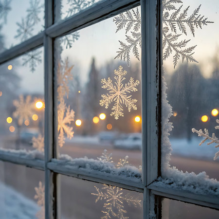 A detailed view of a frosted windowpane adorned with delicate snowflake decorations. Outside, blurred lights from a sunset create a warm, golden bokeh effect, contrasting with the cold, icy textures on the glass. The scene captures a serene and beautiful winter evening atmosphere.の素材