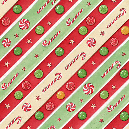 A vibrant and festive Christmas pattern featuring diagonal stripes in red, green, and cream, interspersed with various candies including candy canes, lollipops, and round sweets, along with small star shapes. This design is perfect for holiday wrapping paper, backgrounds, or textiles.の素材
