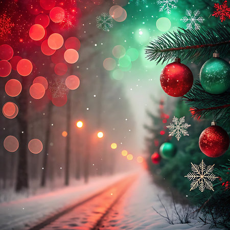 A close-up of a decorated Christmas tree branch with red and green ornaments and snowflakes, set against a blurred, snowy forest background with bokeh lights. The scene evokes a festive and magical winter atmosphere, perfect for holiday greetings and designs.の素材