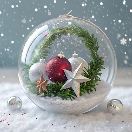 A clear glass sphere filled with Christmas decorations sits on a snowy surface. Inside the sphere are red and silver baubles, a golden star, a silver star, and sprigs of evergreen. Soft snowflakes fall around the sphere, creating a wintery atmosphere.の素材
